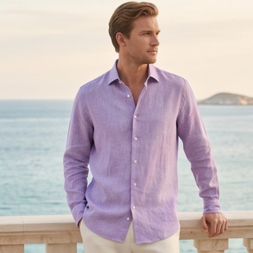 Emporio Armani Mens L Purple 100% Linen Long Sleeve Button Up Shirt